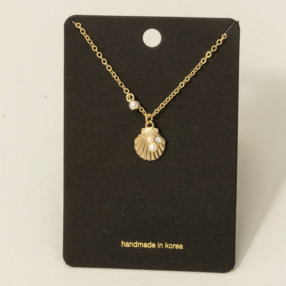 Cz Pearl Seashell Charm Necklace