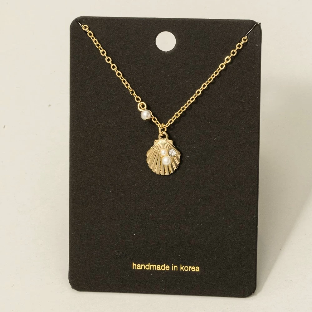 Cz Pearl Seashell Charm Necklace