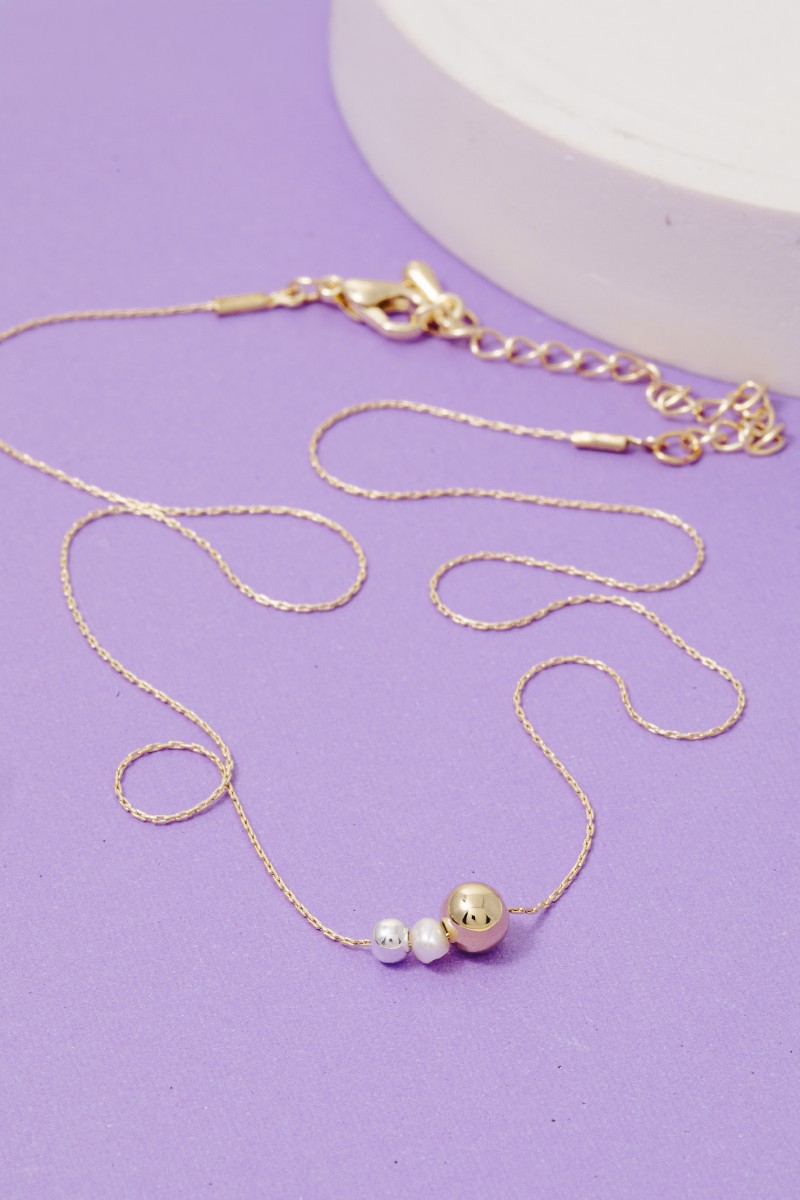 Mini Pearl And Metallic Station Charms Chain Necklace