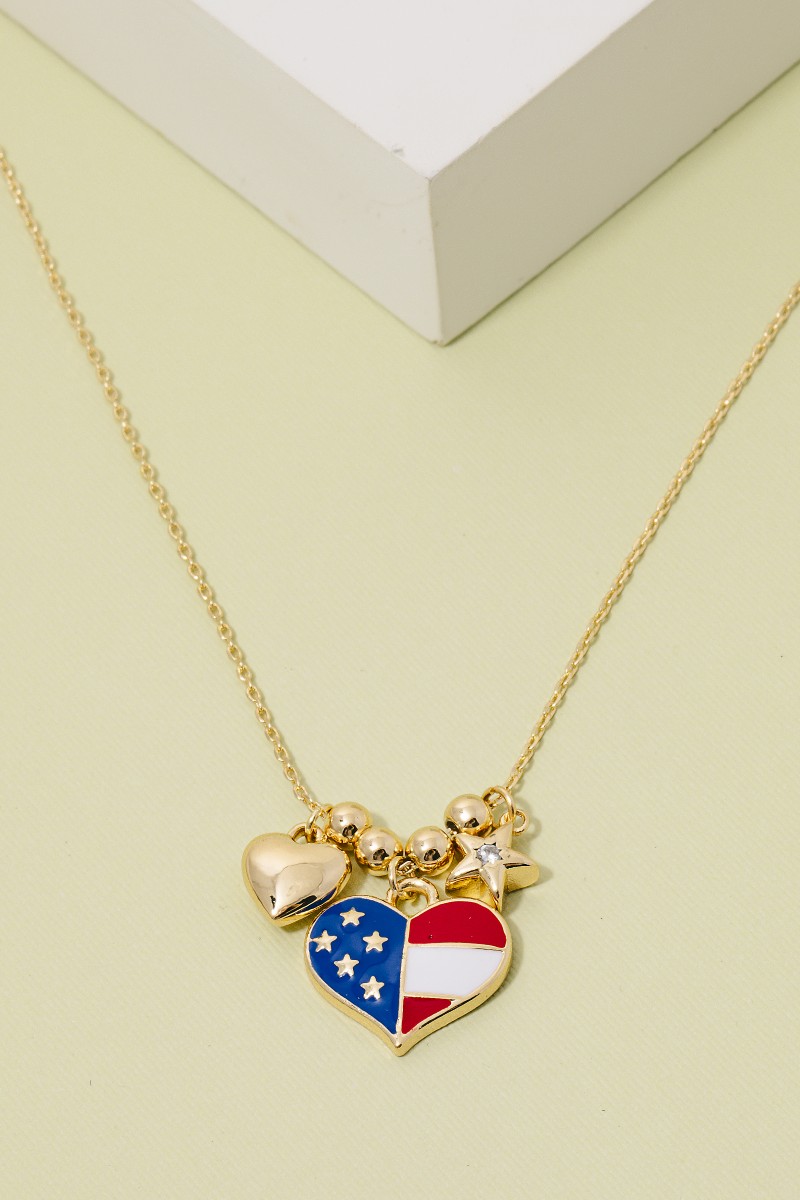 Cz Stud Star And Enamel Usa Heart Charms Chain Necklace