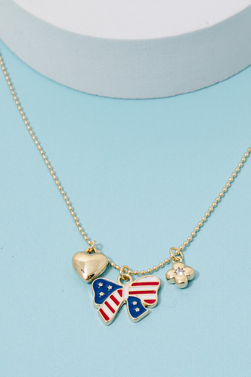 Cz Stud Clover Heart And Enamel Usa Bow Charms Chain Necklace
