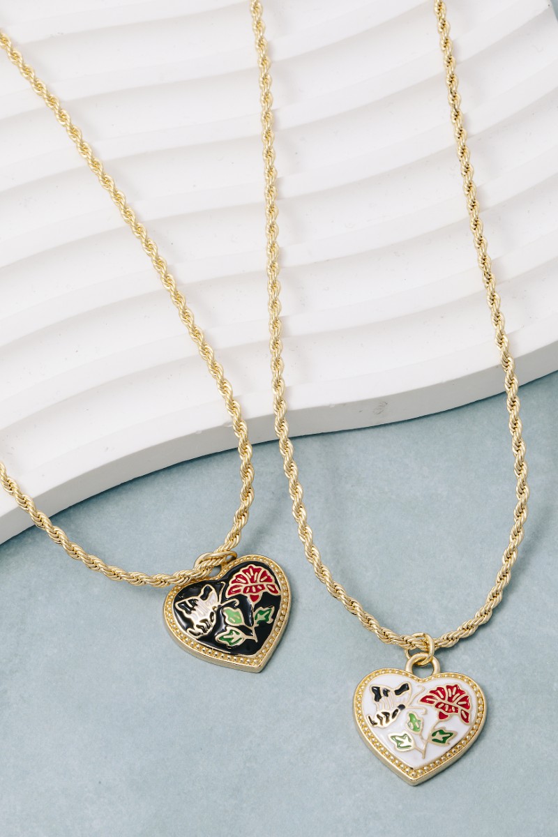 Floral Enamel Heart Pendant Rope Chain Necklace