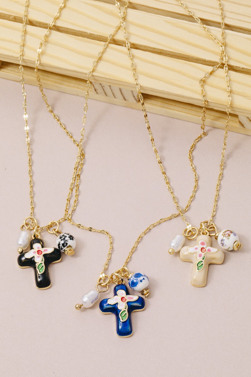 Enamel Cross And Ceramic Floral Charms Chain Necklace