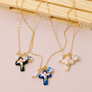 Enamel Cross And Ceramic Floral Charms Chain Necklace