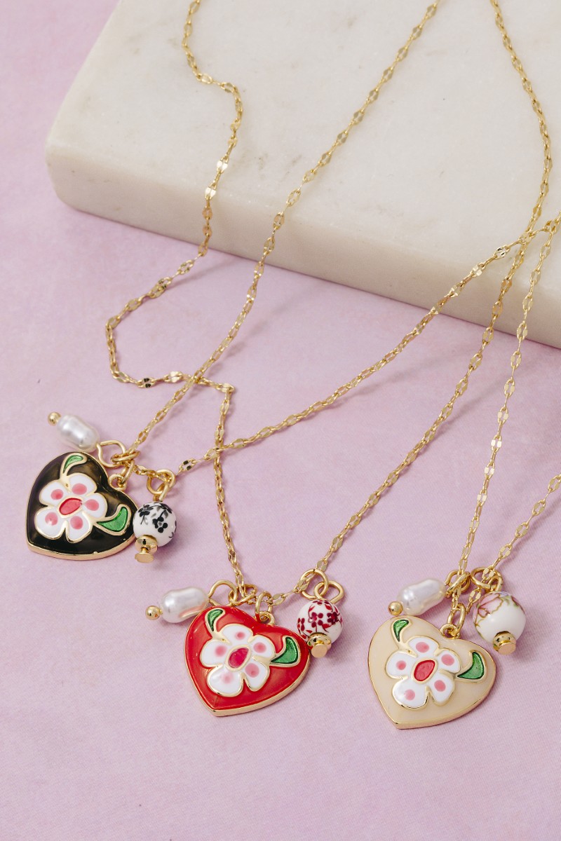 Enamel Heart And Ceramic Floral Charms Chain Necklace