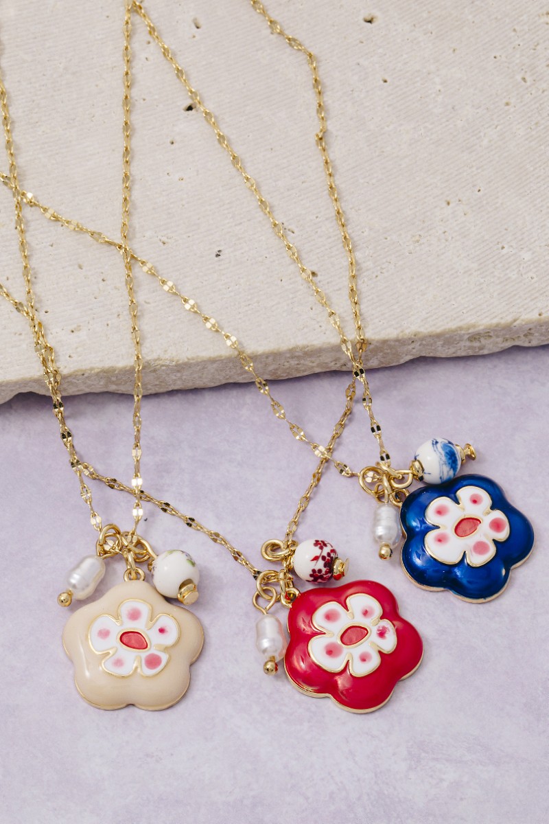 Enamel And Ceramic Floral Charms Chain Necklace