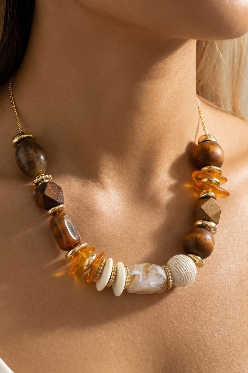 Chunky Wood Bead Statement Necklace
