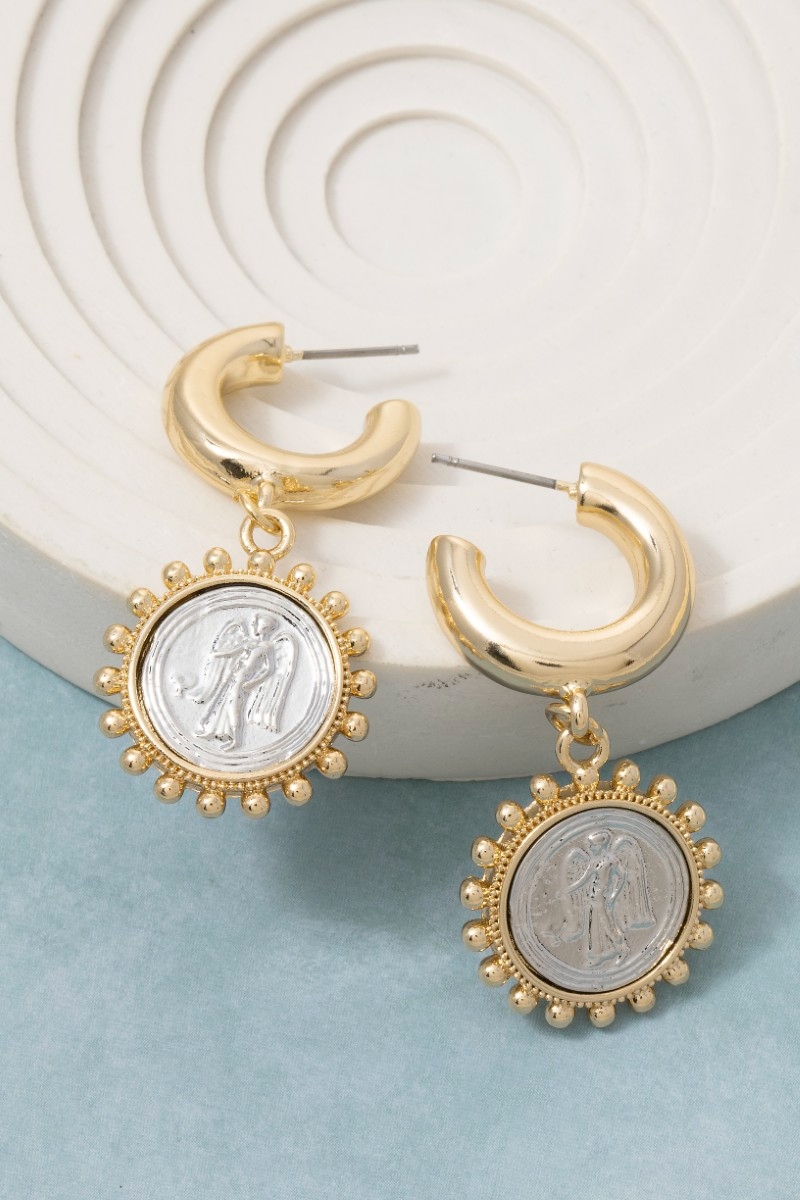 Two Tone Saint Coin Charm Hoop Earrings
