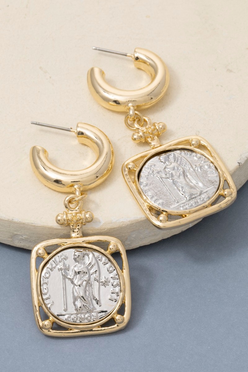 Square Two Tone Saint Coin Charm Hoop Earrings