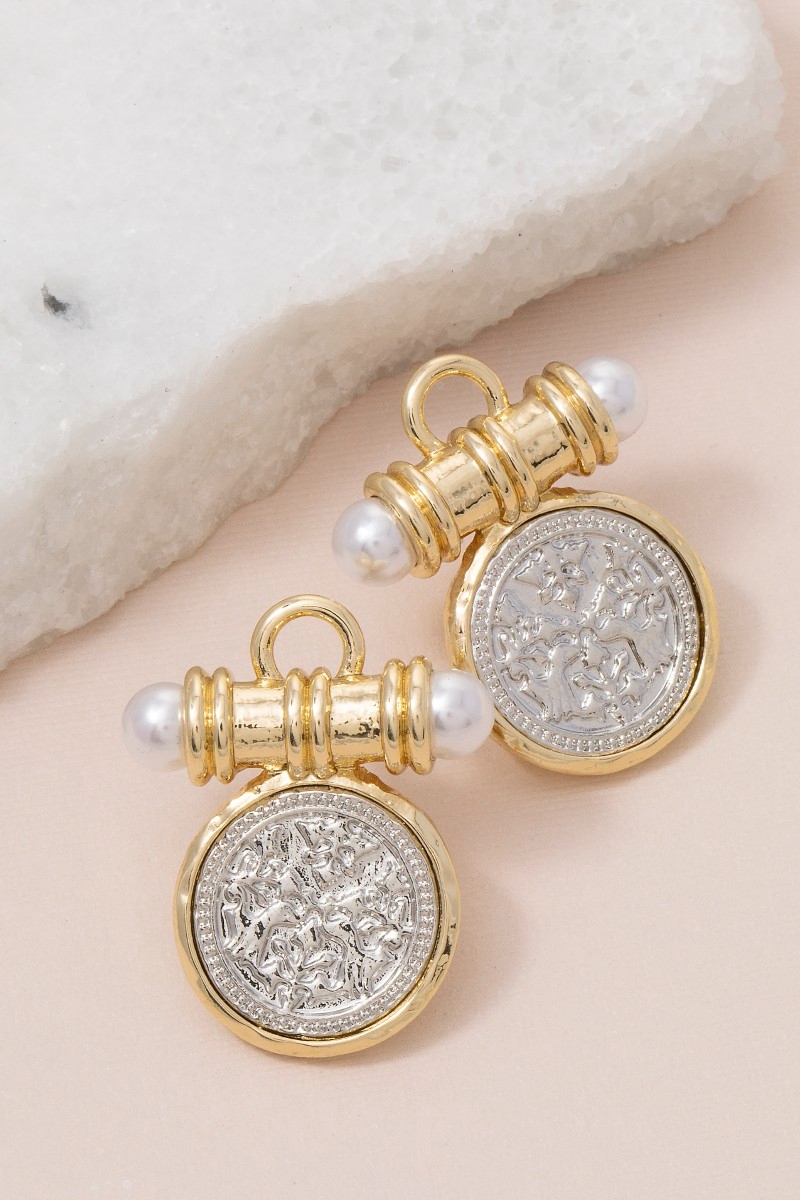 Pearl Bar Two Tone Coin Stud Earrings