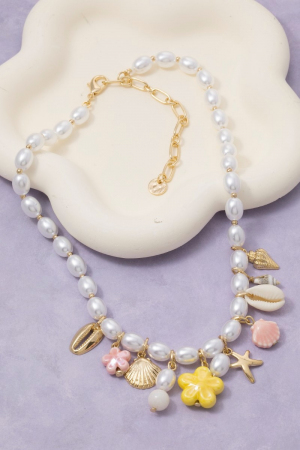 Mixed Sea Life Charms Oval Pearl Beaded Necklace