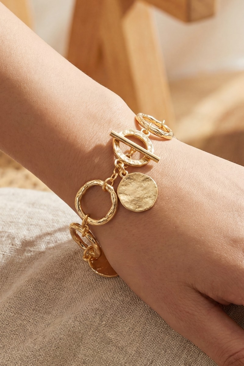 Warped Hoop And Coins Chain Bracelet
