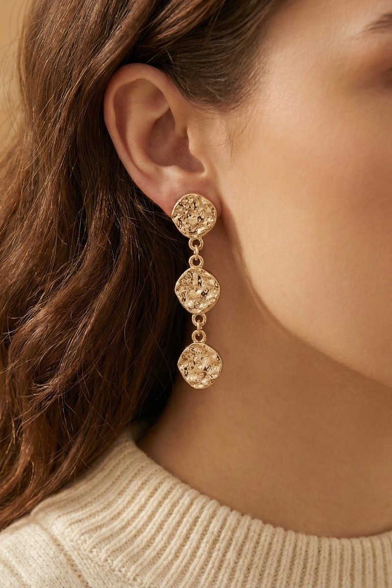 Triple Hammered Disc Link Dangle Earrings