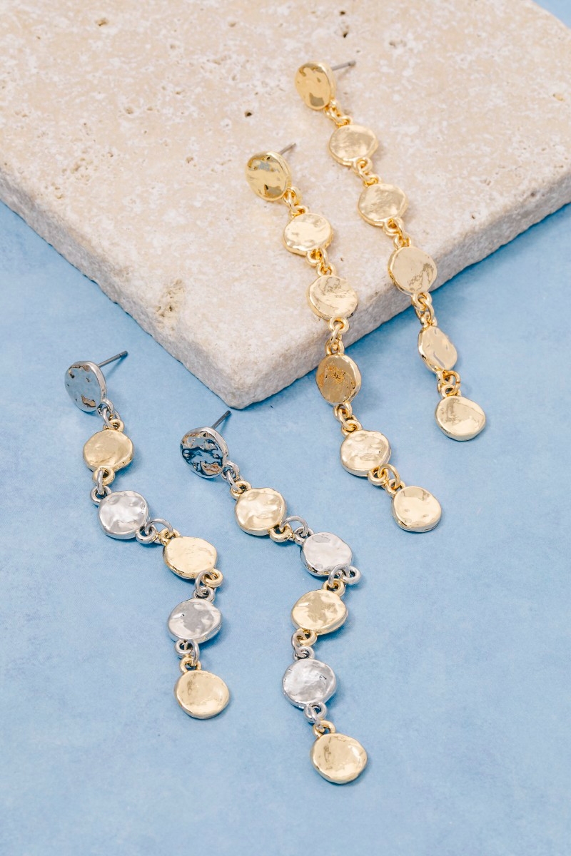 Two Tone Hammered Discs Chain Dangle Earrings