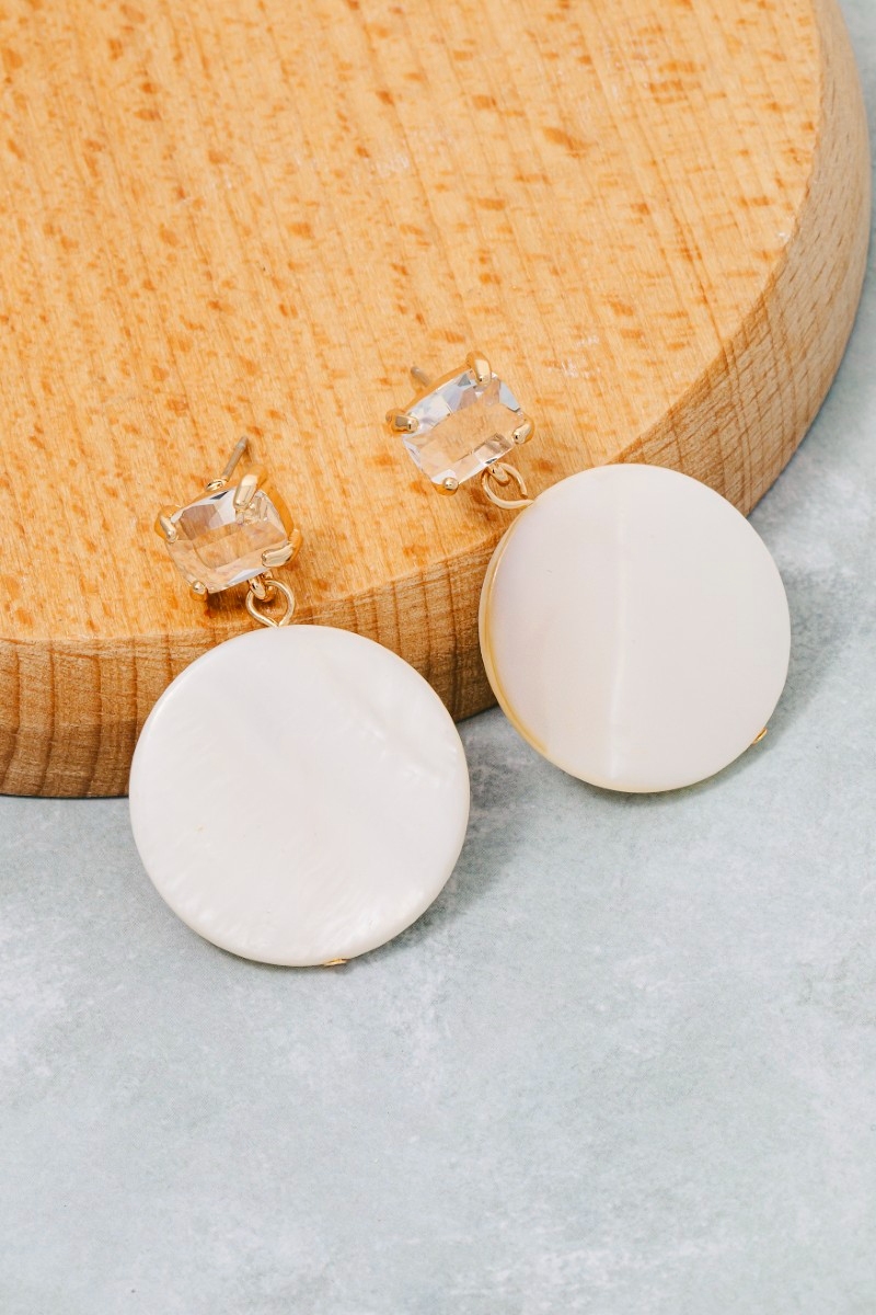 Baguette Stud And Shell Disc Dangle Earrings