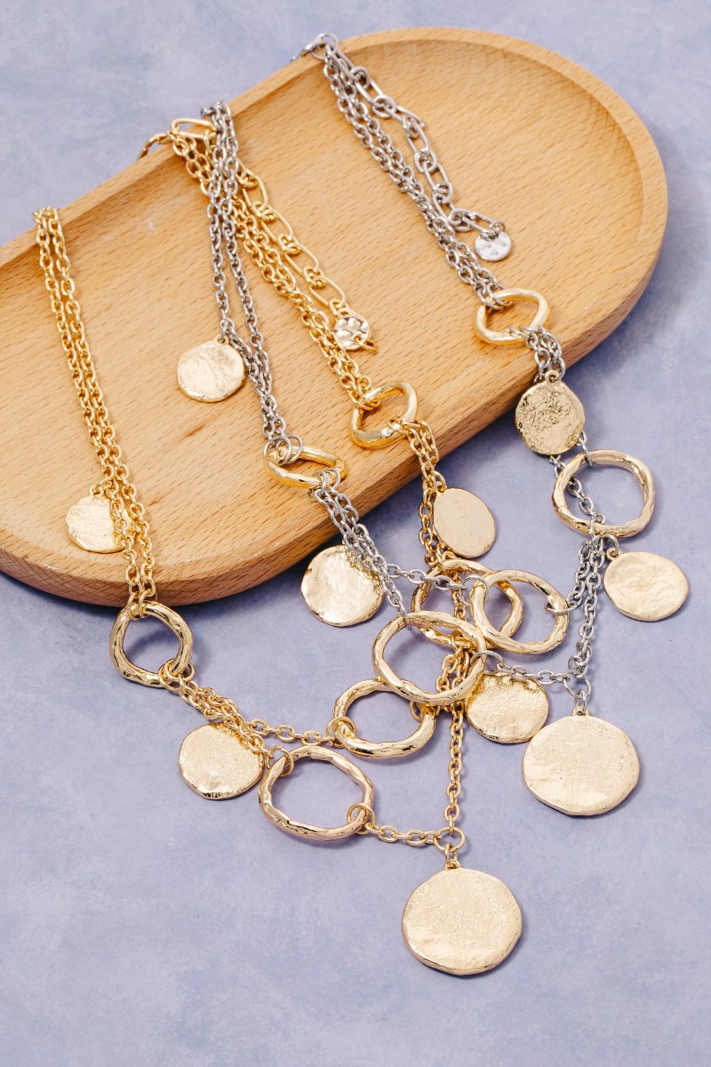 Warped Hoops And Coins Layered Station Chain Necklace