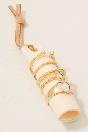 5Pc Heart And Pearl Band Rings Set