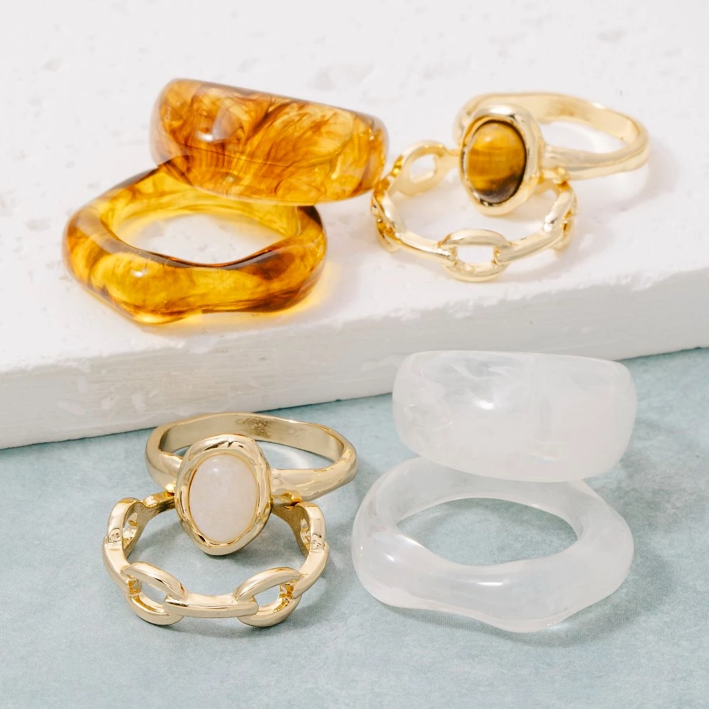 Mixed Acetate And Metallic Band Rings Set