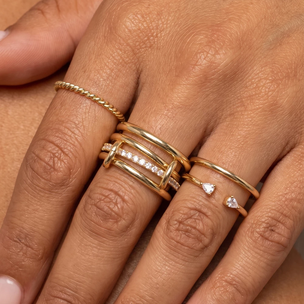 Cz Pave And Paperclip Link Stacking Ring Set