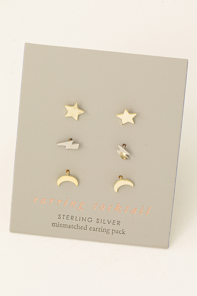 Sterling Silver Moon Lightning Star Stud Earring Set