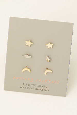 Sterling Silver Moon Lightning Star Stud Earring Set