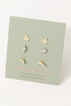 Sterling Silver Pave Moon Lightning Star Stud Earring Set