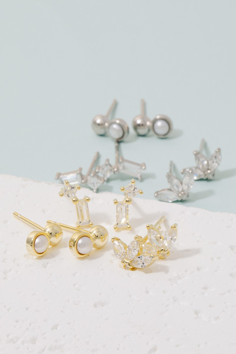 Mixed Sterling Silver Cz And Pearl Stud Earrings Set