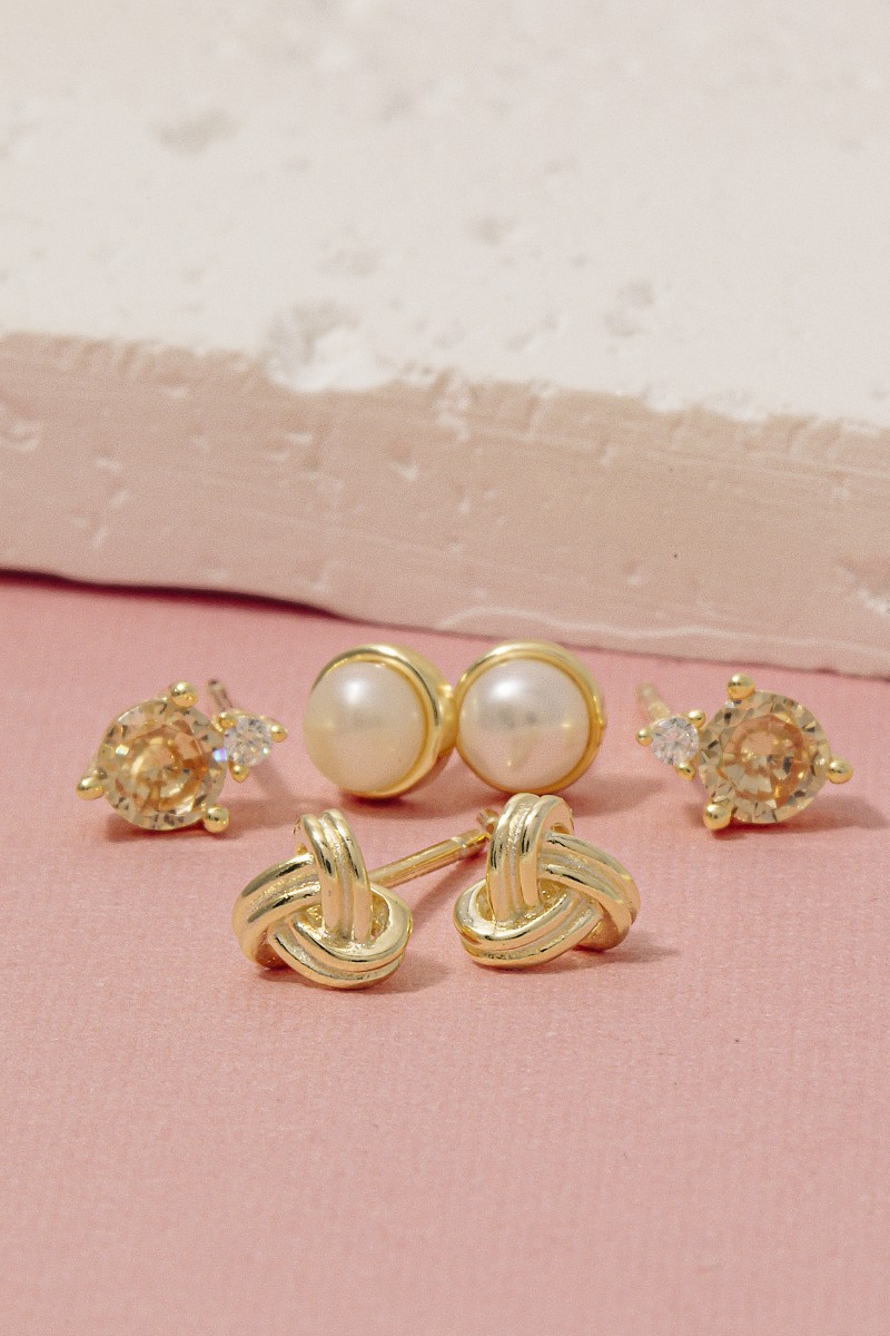 Pearl Knot And Gems Sterling Silver 3Pc Stud Earrings Set