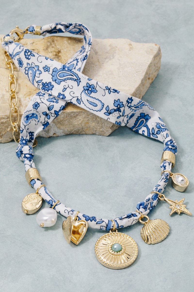 Mixed Charms Blue Paisley Bandana Necklace