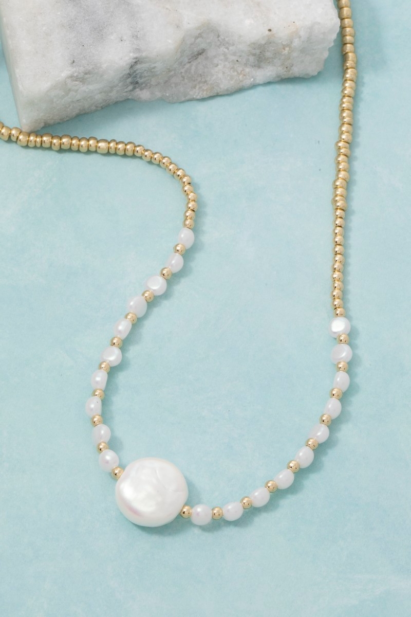 Pearl Pendant And Metallic Beaded Necklace