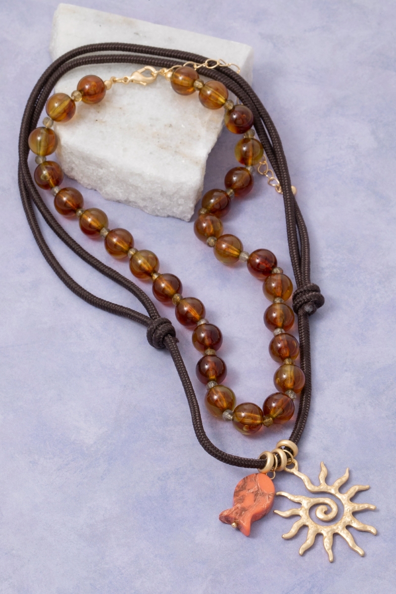 Sun And Fish Pendants Layered Cord And Beaded Necklace