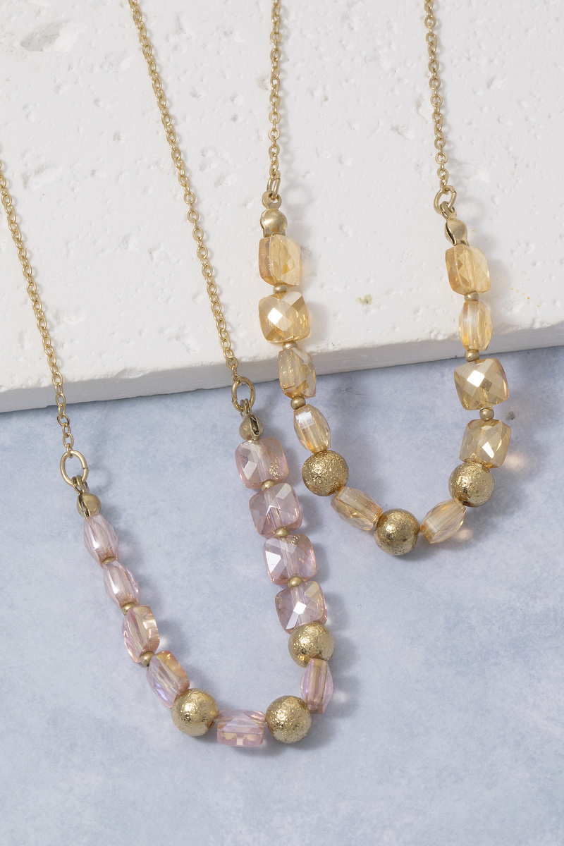 Crystal Glass Faceted Bead Station Chain Necklace