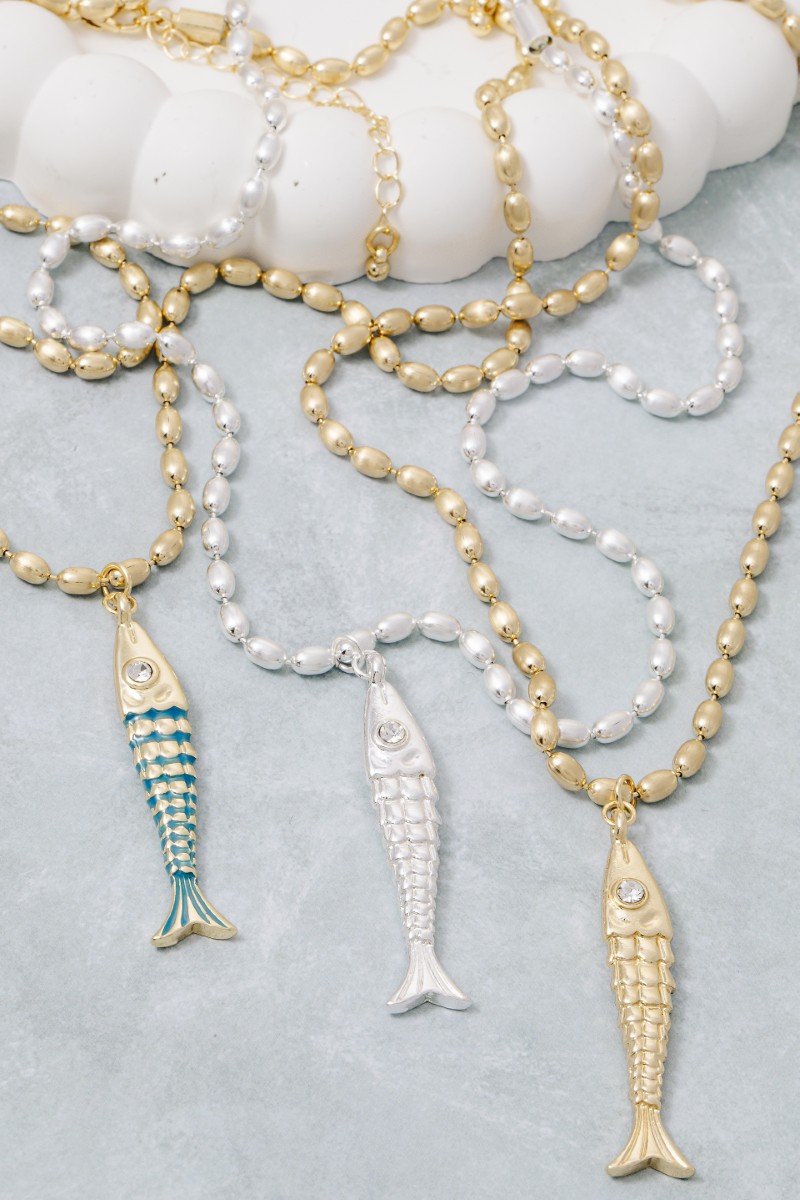Long Fish Pendant Matte Beaded Chain Necklace