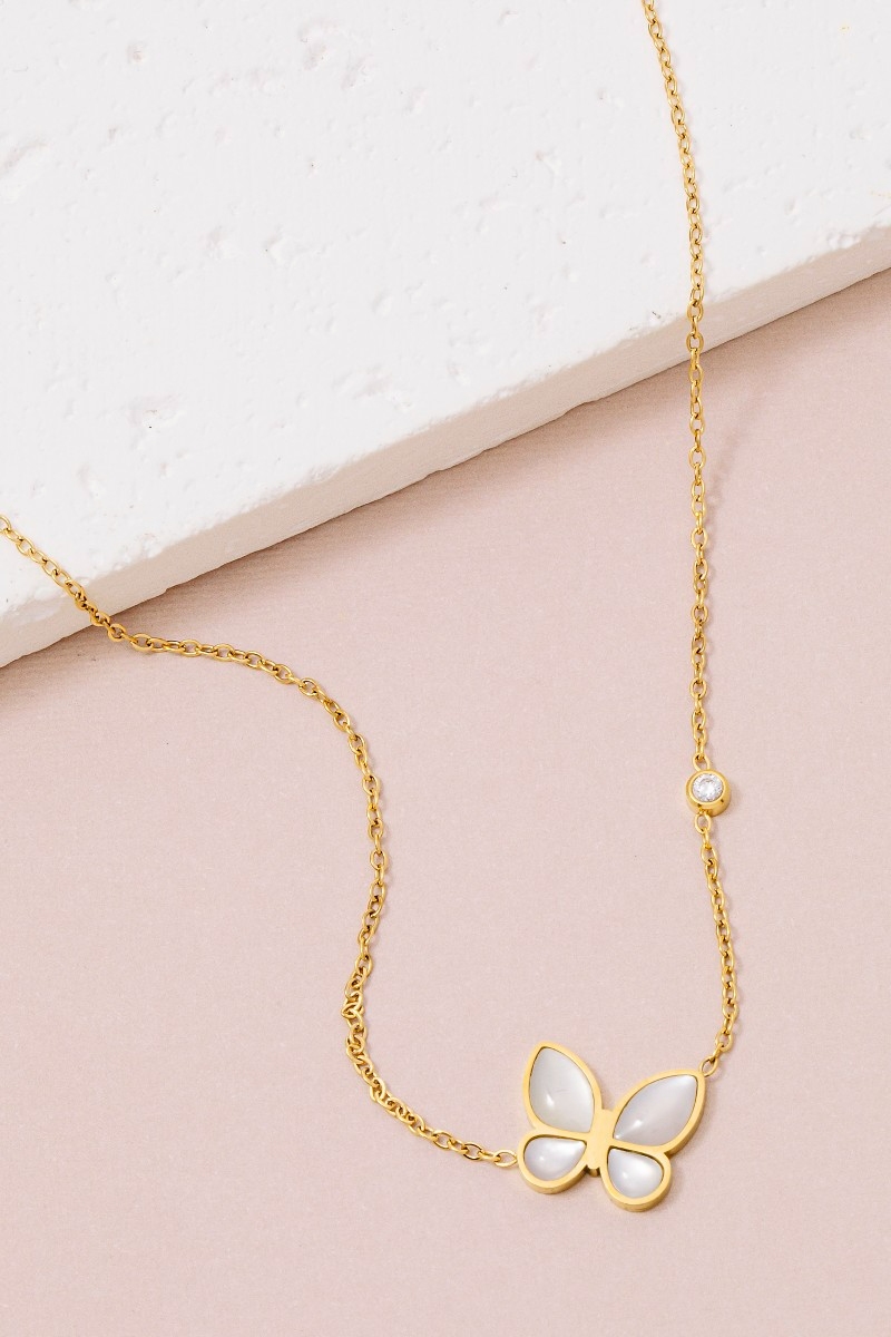 Stainless Steel Resin Butterfly And Gem Charm Chain Necklace