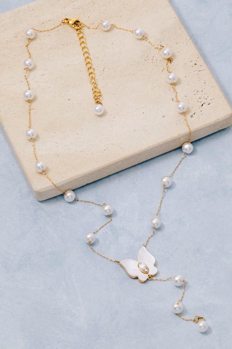 Stainless Steel Pearl Station Beads Chain Necklace