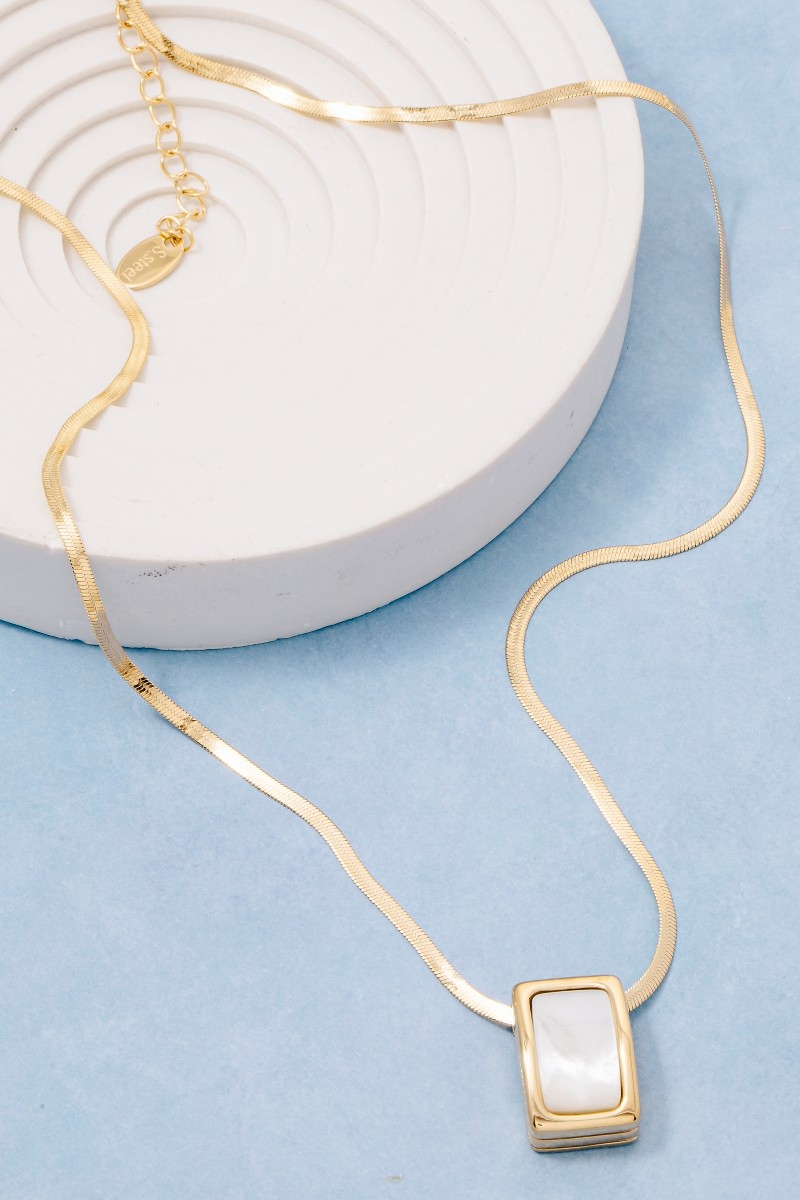 Stainless Steel Herringbone Chain Rectangle Pearl Pendant Necklace