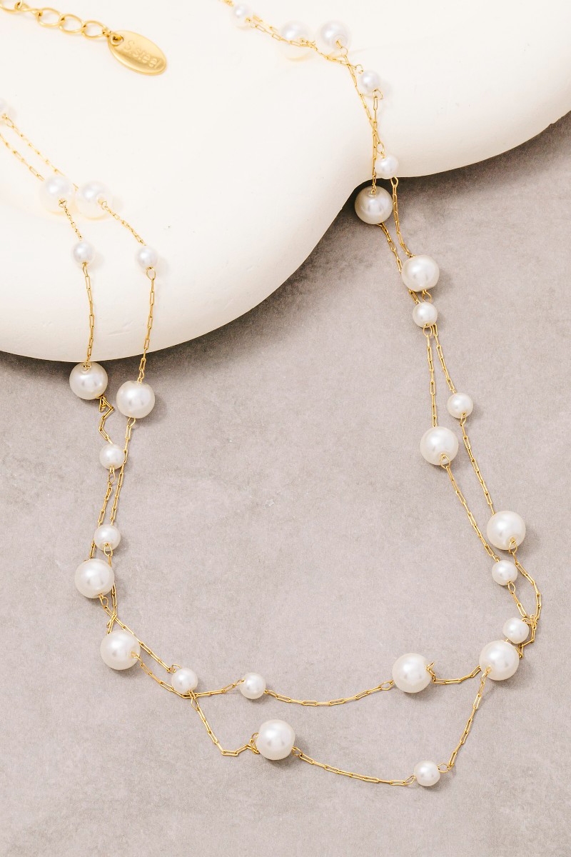 Stainless Steel Pearl Station Beads Layered Chain Necklace
