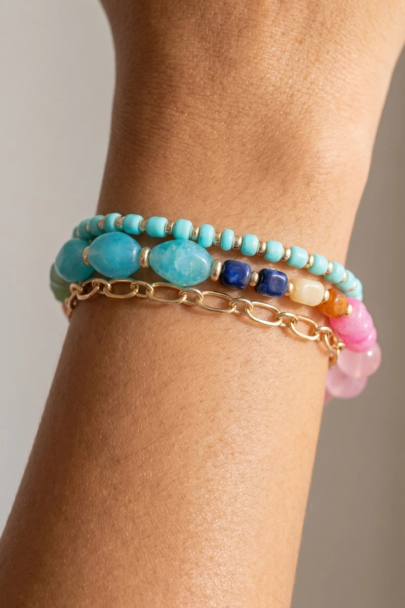 Beaded Strand And Paperclip Chain Bracelet Set