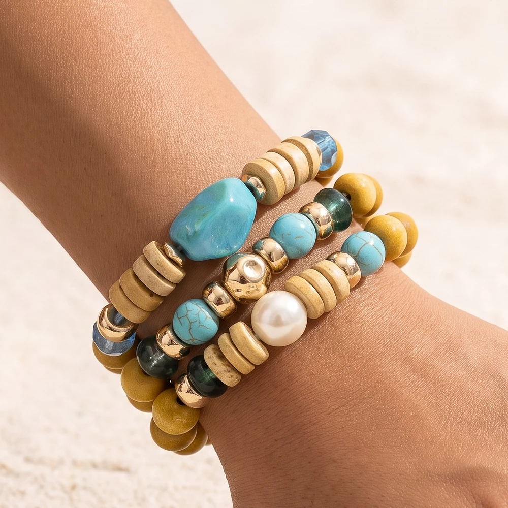 Wood Bead Layered Stretch Bracelet Set