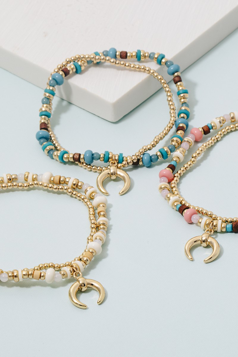 Crescent Charm Mixed Beaded Bracelet Set
