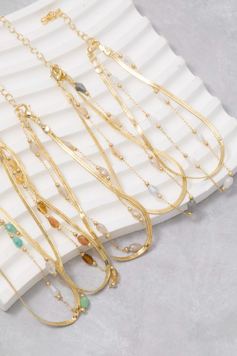 Faceted Glass Beads Oval And Snake Chain Layered Bracelet