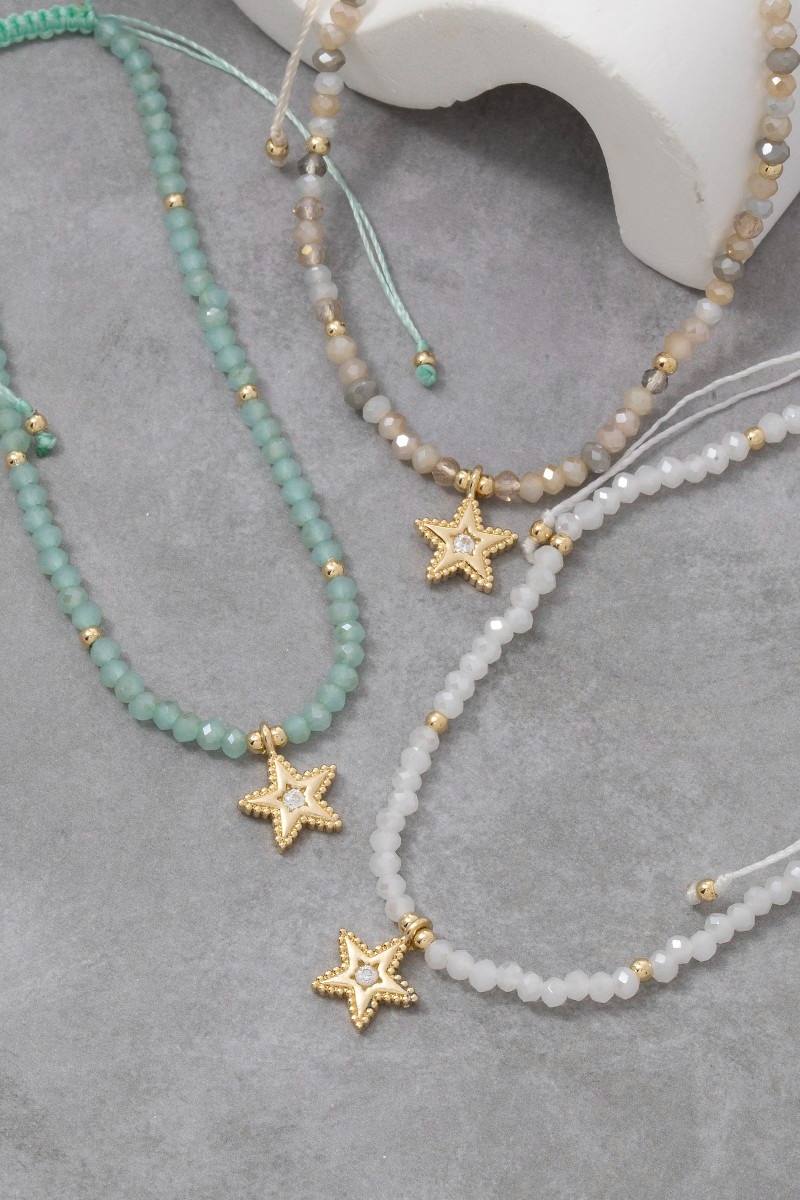 Cz Star Charm Faceted Beaded Adjustable Cord Bracelet