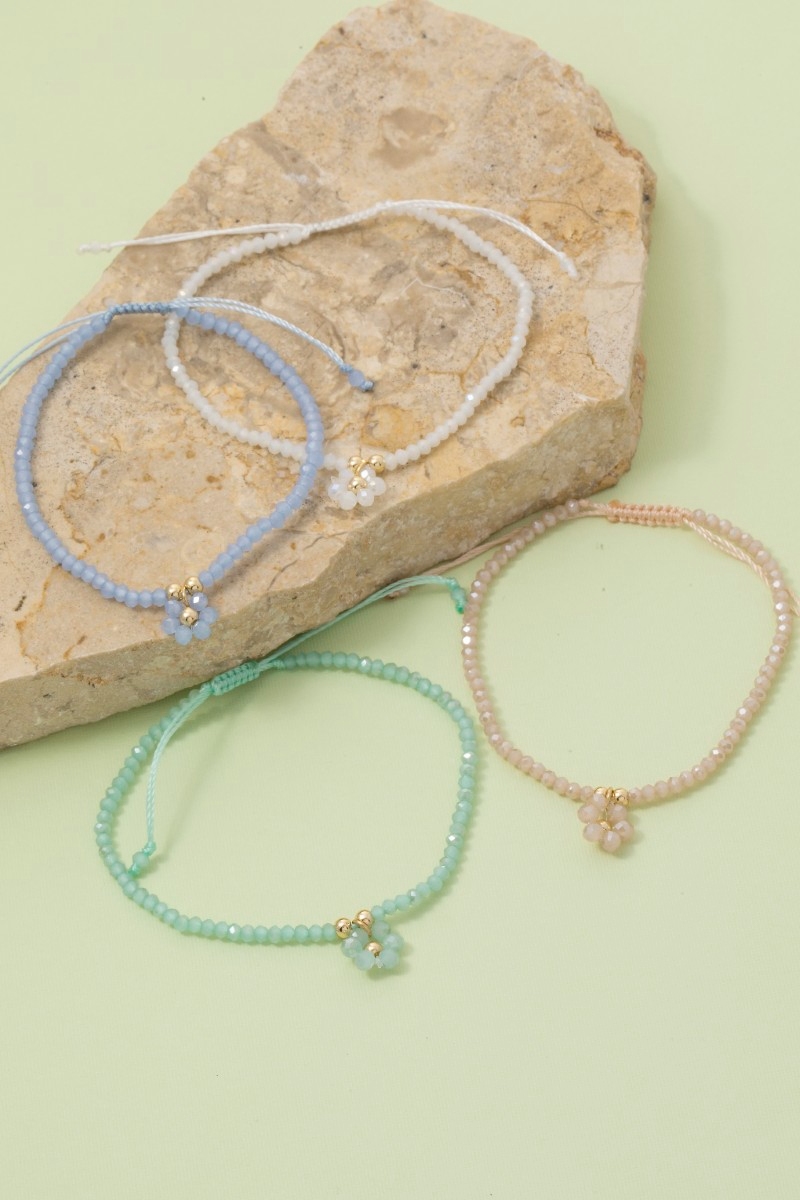 Faceted Beaded Flower Charm Adjustable Cord Bracelet