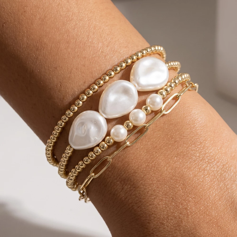 Pearl And Bead Three Layer Stretch Bracelet