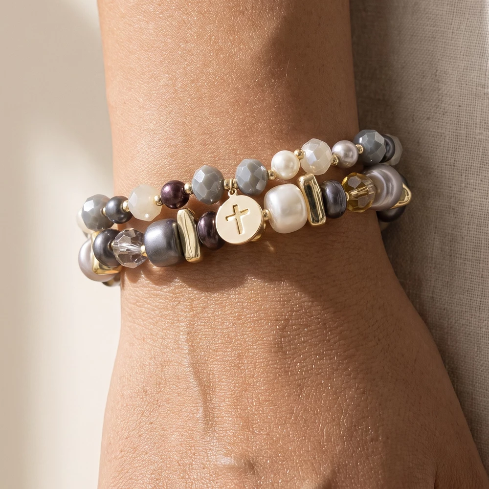 Beaded Two Layer Stretch Bracelet With Cross Charm