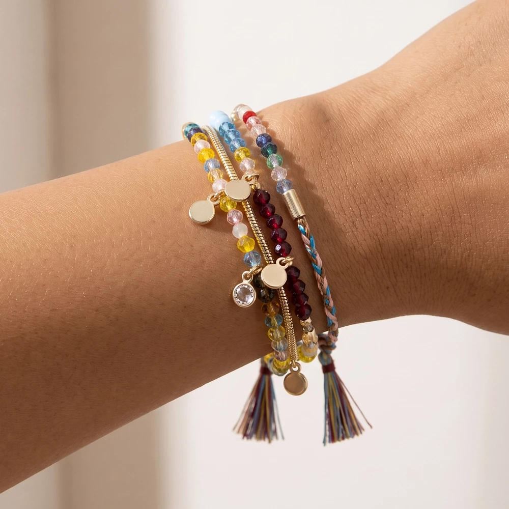 Glass Bead Three Layer Pull Tie Tassel Bracelet