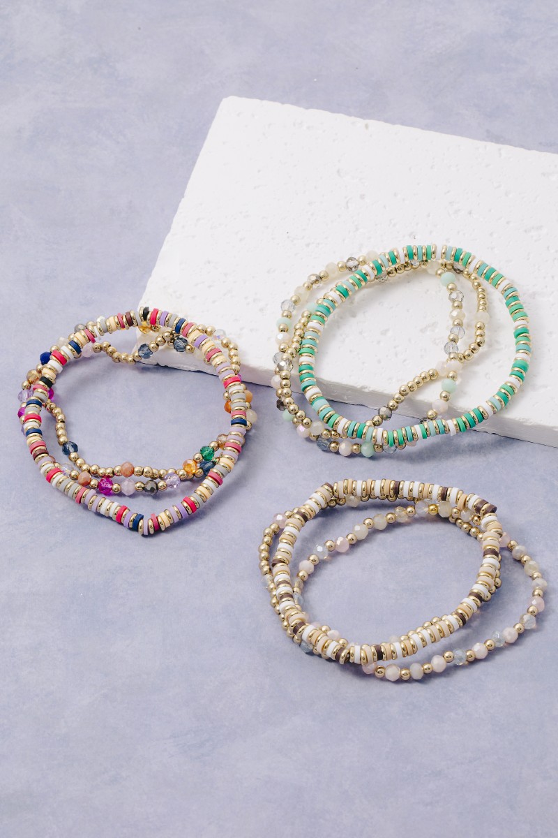 Metallic Faceted And Disc Beaded Bracelet Set