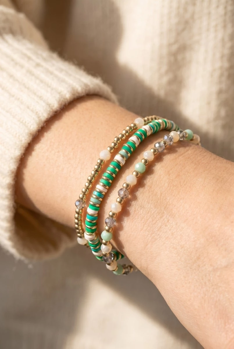 Mixed Metallic Faceted And Disc Beaded Bracelet Set