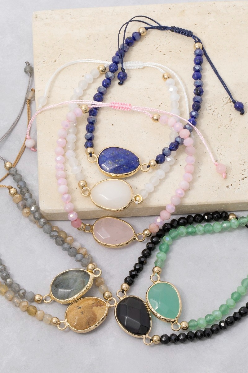 Faceted Semi Precious Oval Stone Charm Beaded Cord Bracelet