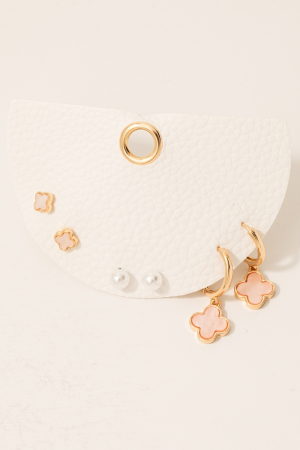 3Pc Pearl And Clovers Mixed Earrings Set